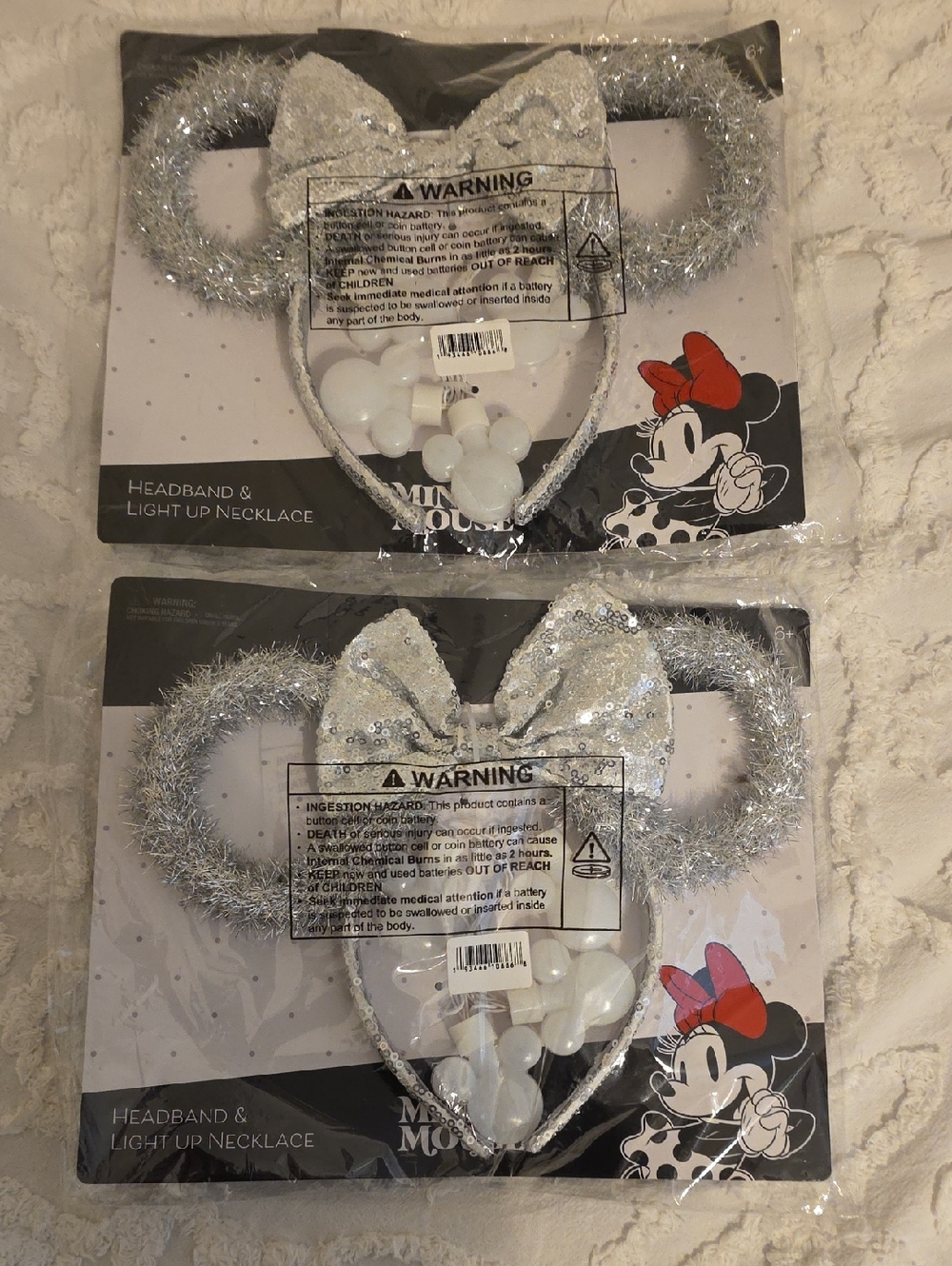 Disney Silver Sequin Minnie Ear Headband with Light-Up Necklace